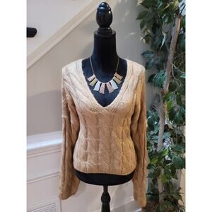 Double Zero Cable Knit Sweater Women's M Beige V-Neck Long Sleeve Pullover